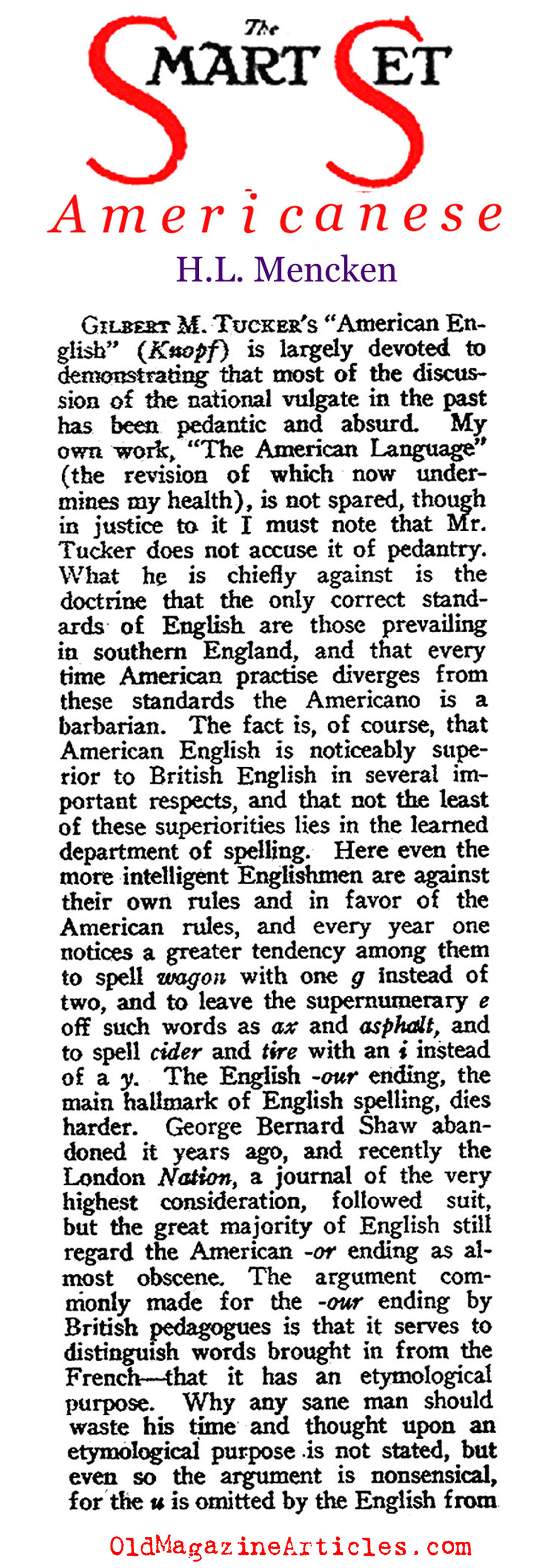 H.L. Mencken on American English (The Smart Set, 1921)